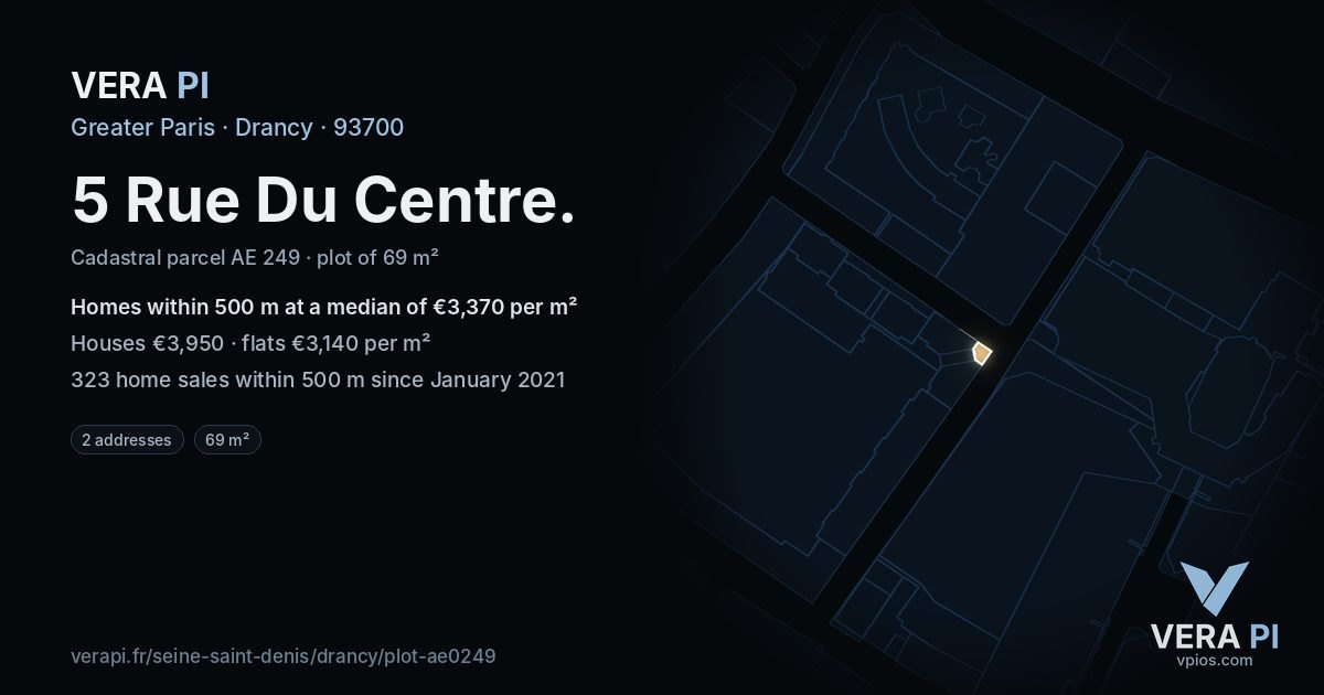 5 Rue Du Centre, Drancy at night – the plot lit, the parcels around coloured by the prices near them