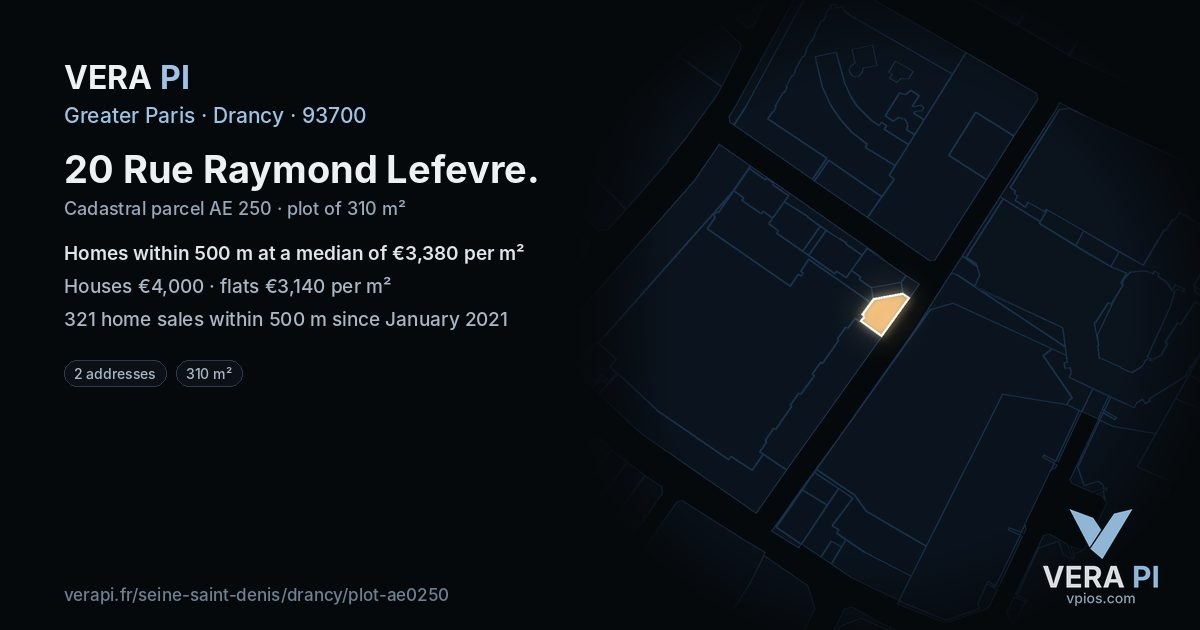 20 Rue Raymond Lefevre, Drancy at night – the plot lit, the parcels around coloured by the prices near them