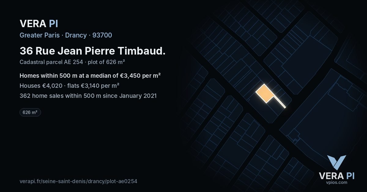 36 Rue Jean Pierre Timbaud, Drancy at night – the plot lit, the parcels around coloured by the prices near them