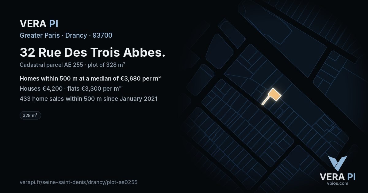 32 Rue Des Trois Abbes, Drancy at night – the plot lit, the parcels around coloured by the prices near them