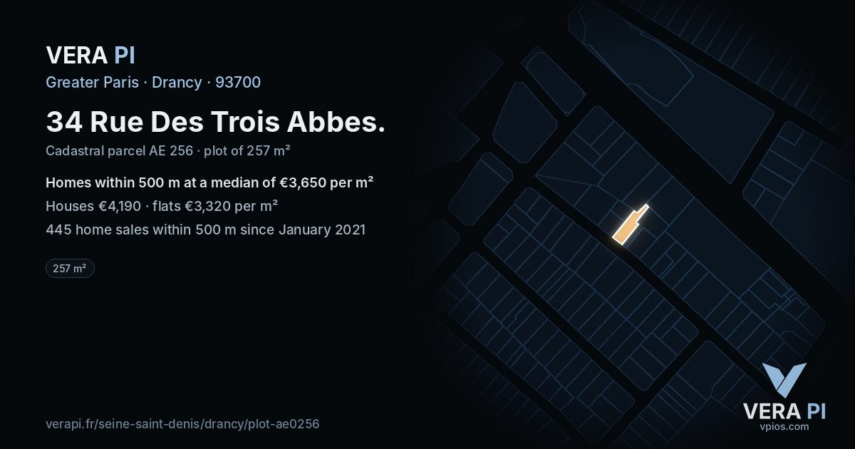 34 Rue Des Trois Abbes, Drancy at night – the plot lit, the parcels around coloured by the prices near them