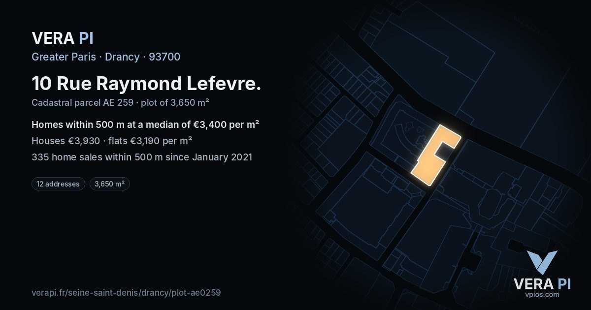 10 Rue Raymond Lefevre, Drancy at night – the plot lit, the parcels around coloured by the prices near them