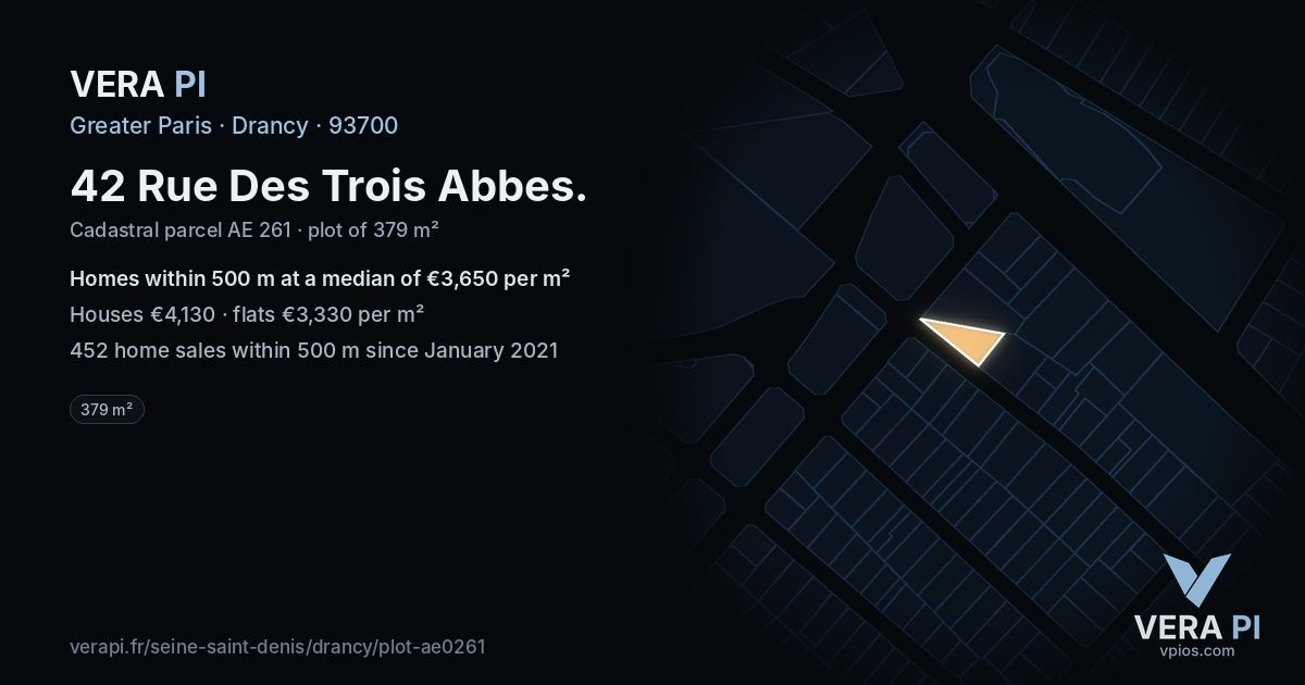 42 Rue Des Trois Abbes, Drancy at night – the plot lit, the parcels around coloured by the prices near them