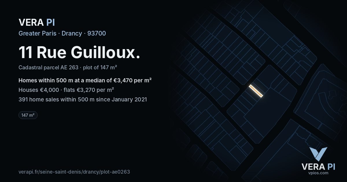 11 Rue Guilloux, Drancy at night – the plot lit, the parcels around coloured by the prices near them