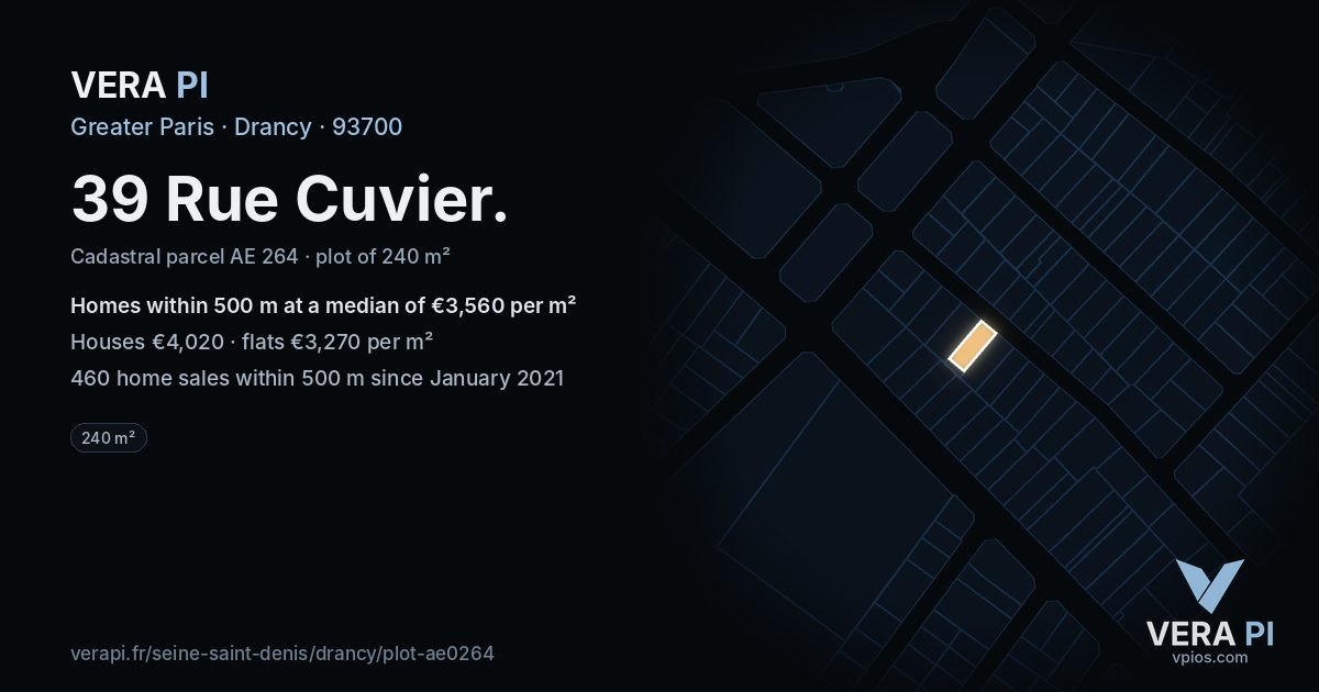 39 Rue Cuvier, Drancy at night – the plot lit, the parcels around coloured by the prices near them