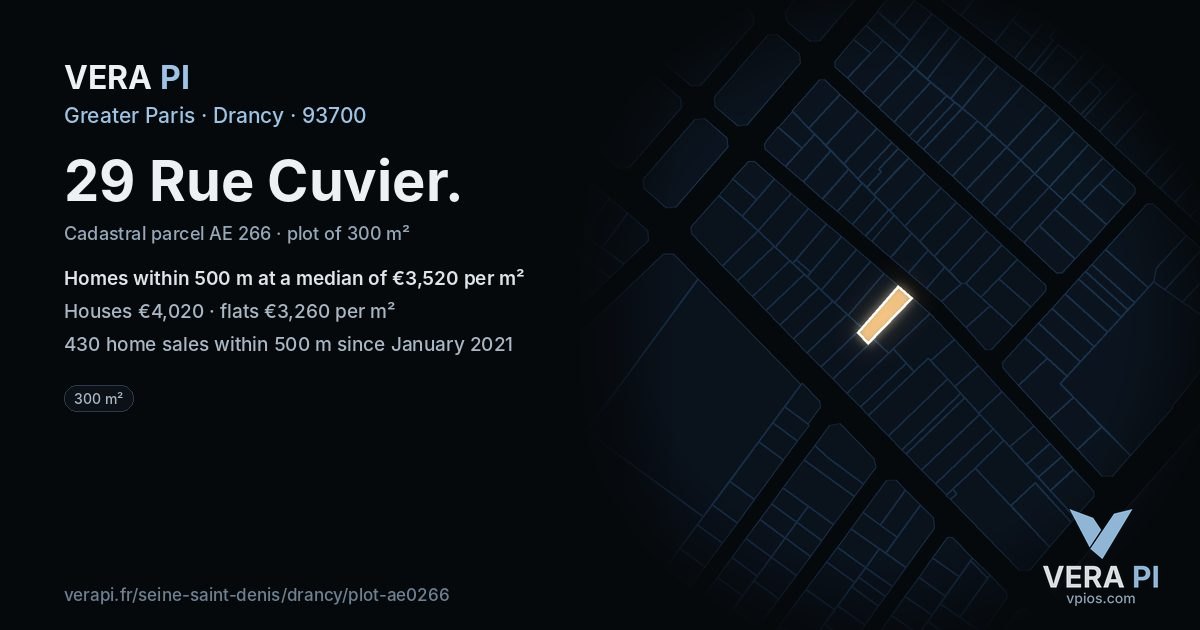 29 Rue Cuvier, Drancy at night – the plot lit, the parcels around coloured by the prices near them