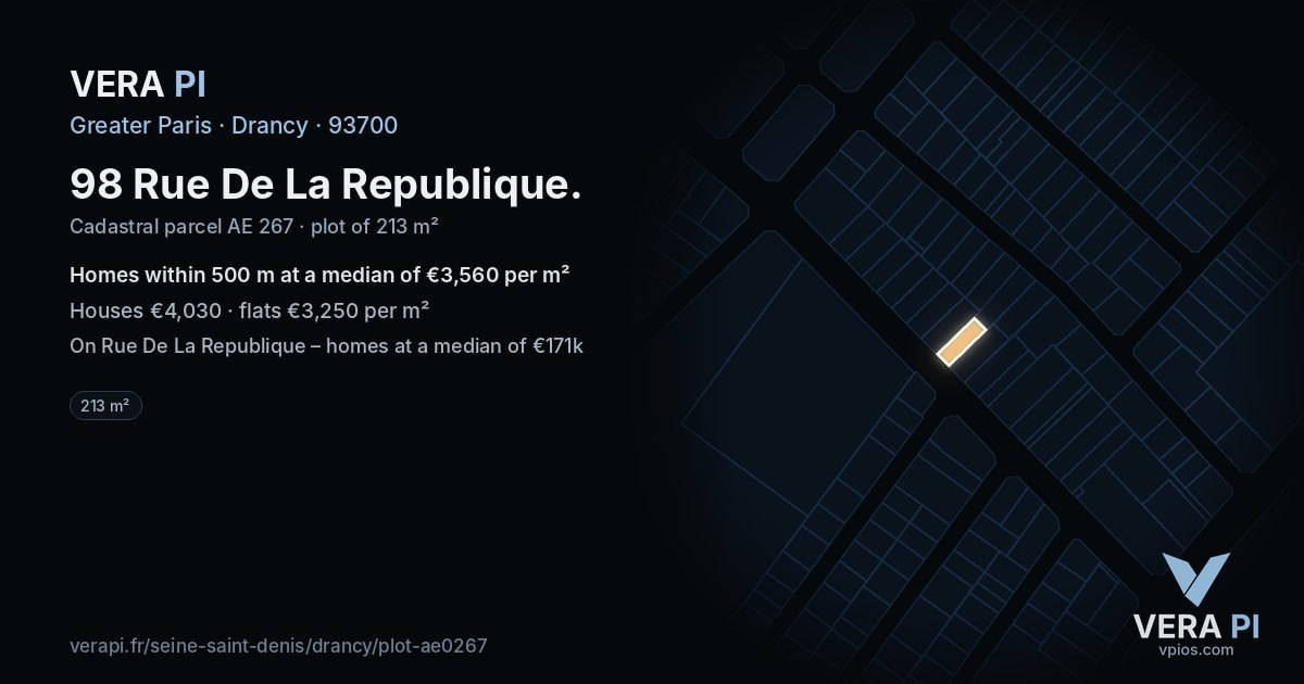 98 Rue De La Republique, Drancy at night – the plot lit, the parcels around coloured by the prices near them