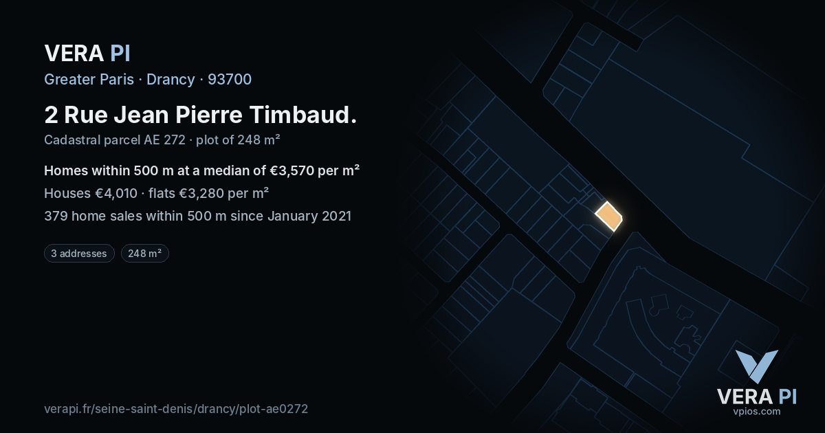 2 Rue Jean Pierre Timbaud, Drancy at night – the plot lit, the parcels around coloured by the prices near them