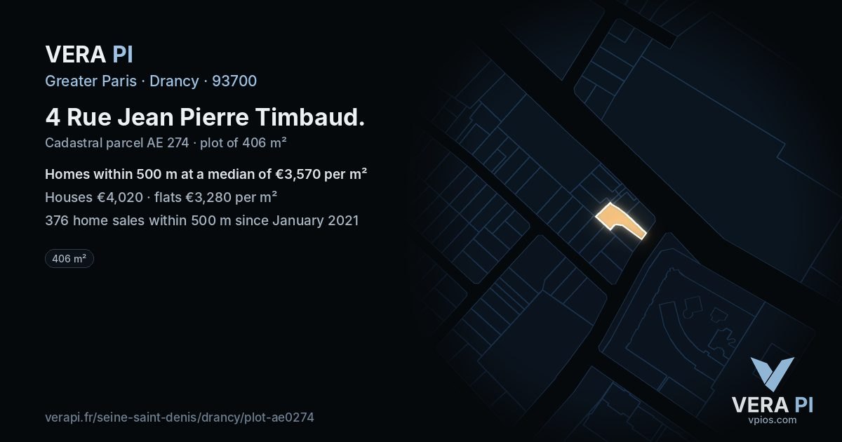4 Rue Jean Pierre Timbaud, Drancy at night – the plot lit, the parcels around coloured by the prices near them