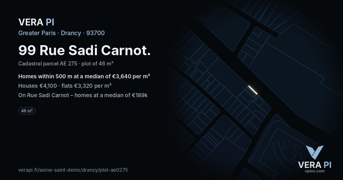 99 Rue Sadi Carnot, Drancy at night – the plot lit, the parcels around coloured by the prices near them
