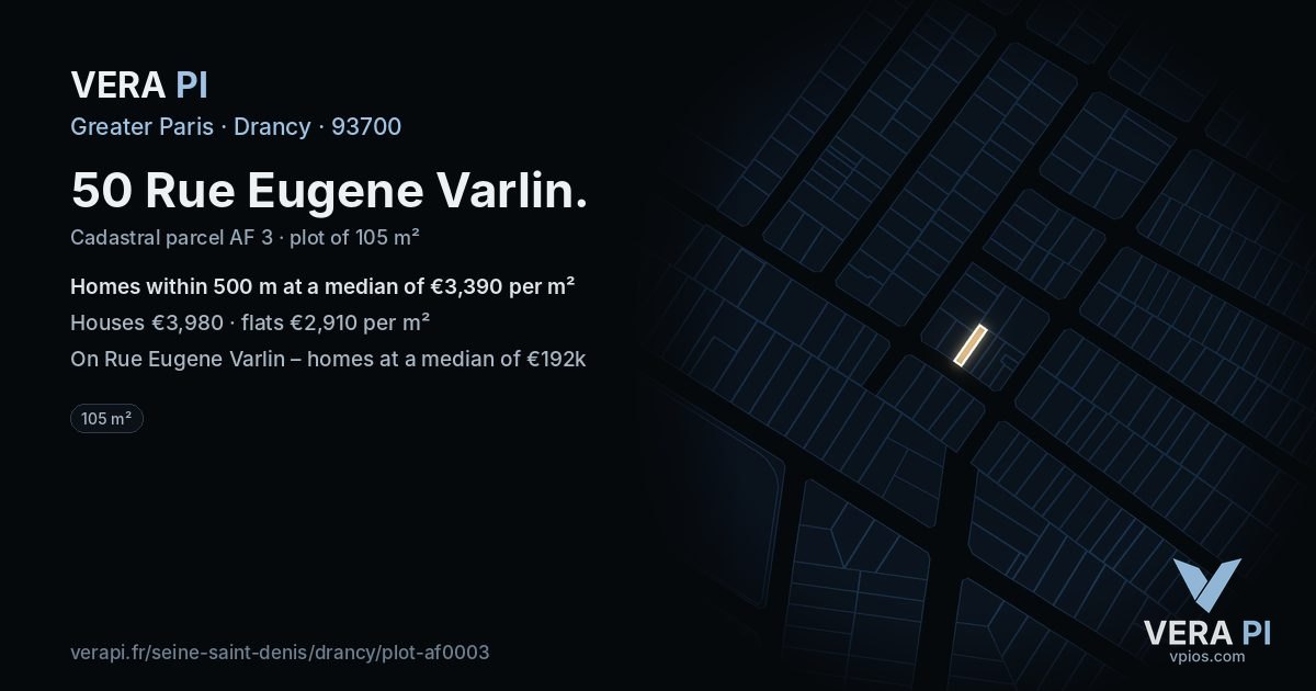 50 Rue Eugene Varlin, Drancy at night – the plot lit, the parcels around coloured by the prices near them