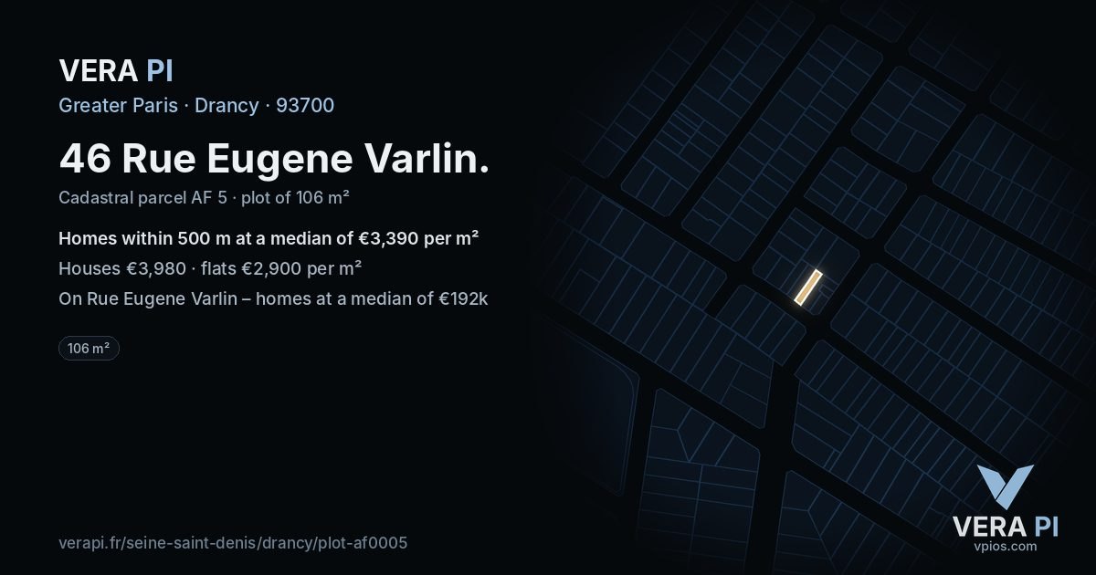 46 Rue Eugene Varlin, Drancy at night – the plot lit, the parcels around coloured by the prices near them