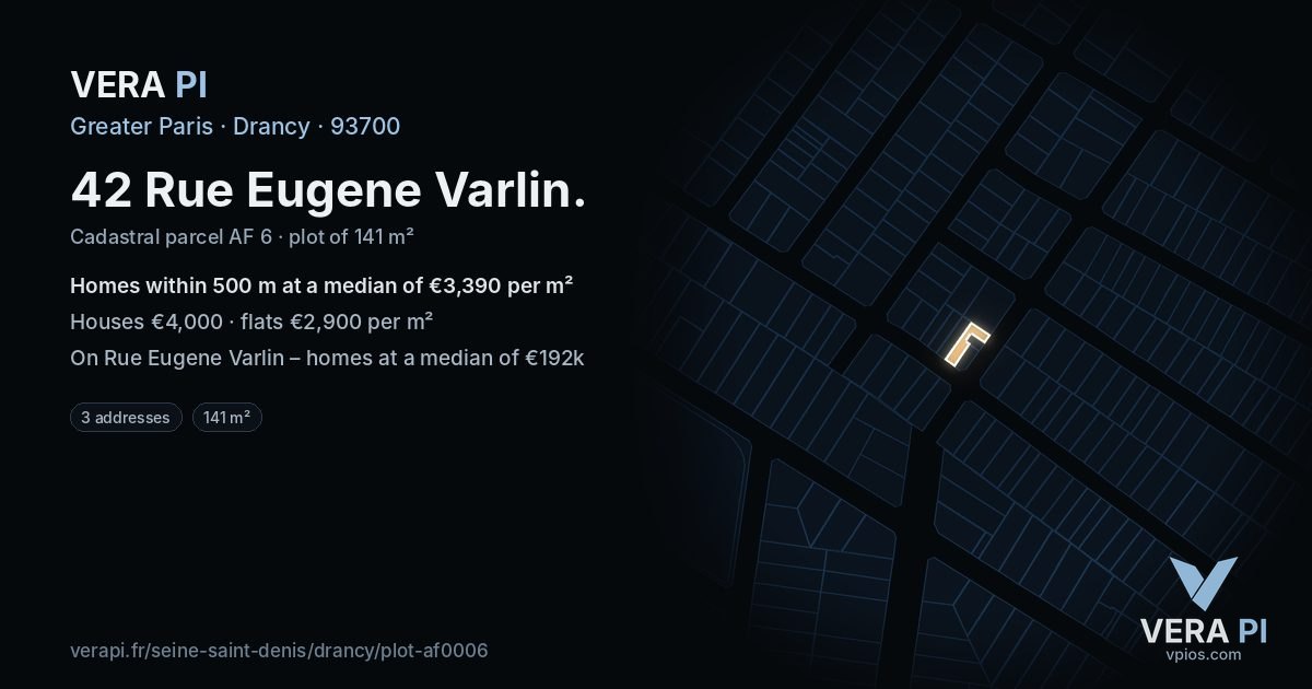 42 Rue Eugene Varlin, Drancy at night – the plot lit, the parcels around coloured by the prices near them