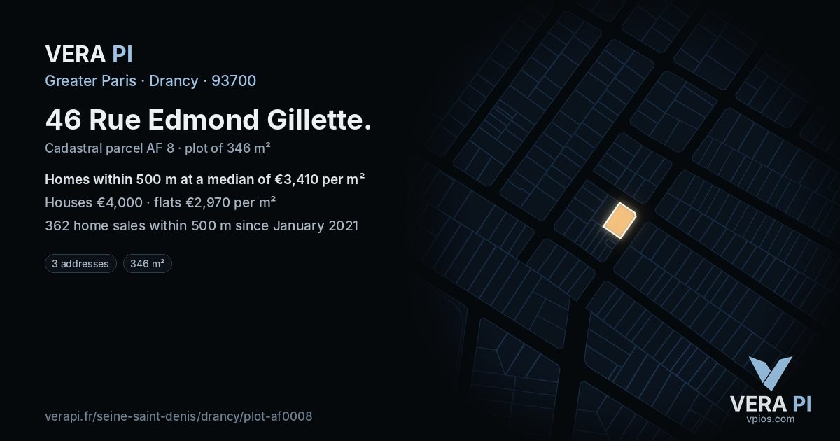 46 Rue Edmond Gillette, Drancy at night – the plot lit, the parcels around coloured by the prices near them