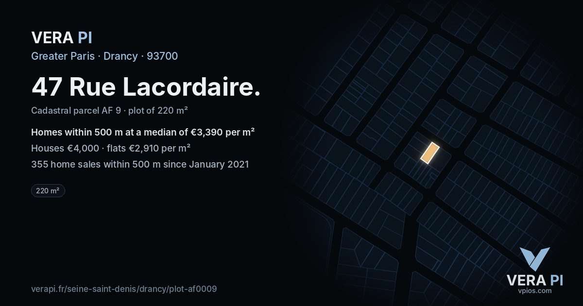 47 Rue Lacordaire, Drancy at night – the plot lit, the parcels around coloured by the prices near them