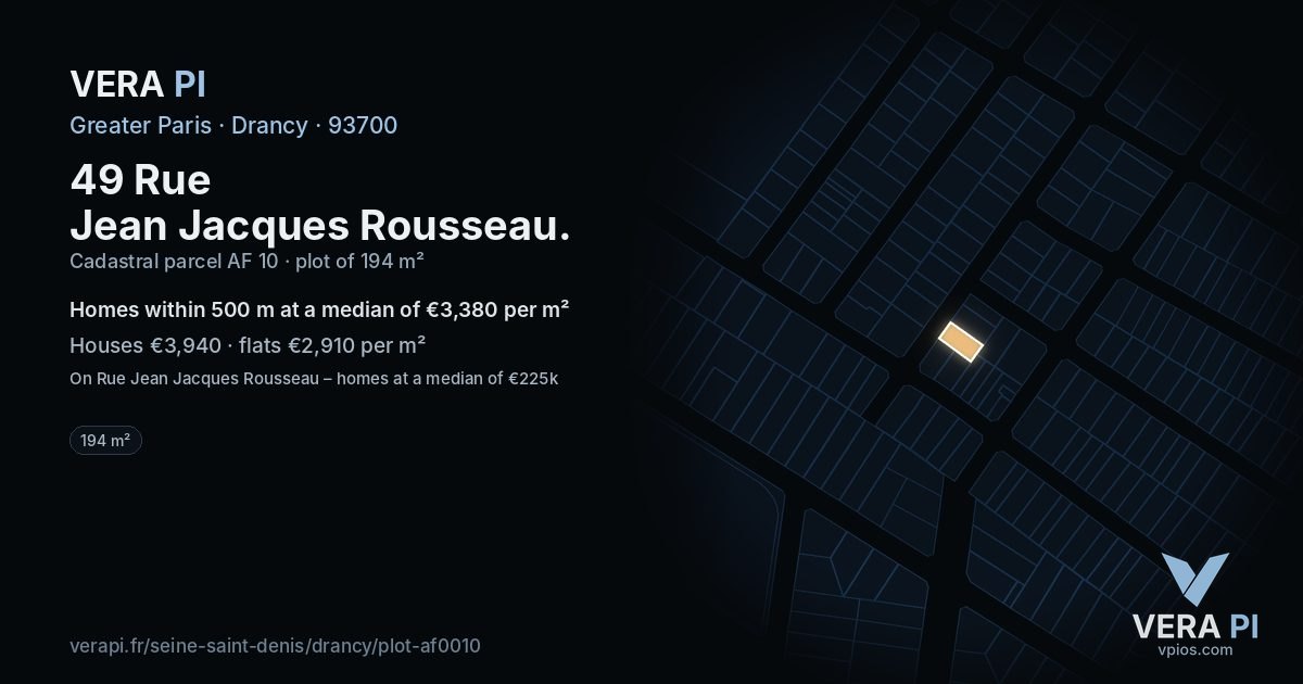49 Rue Jean Jacques Rousseau, Drancy at night – the plot lit, the parcels around coloured by the prices near them