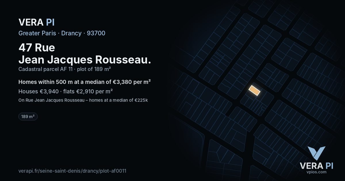 47 Rue Jean Jacques Rousseau, Drancy at night – the plot lit, the parcels around coloured by the prices near them