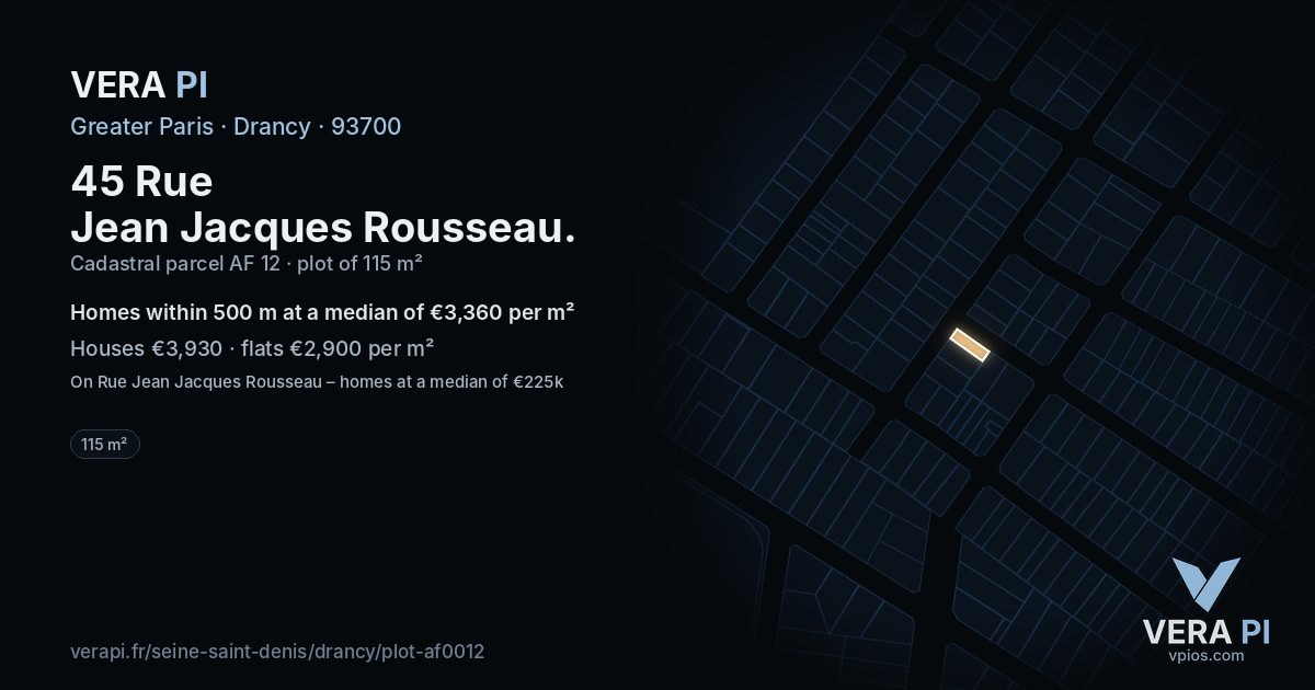 45 Rue Jean Jacques Rousseau, Drancy at night – the plot lit, the parcels around coloured by the prices near them