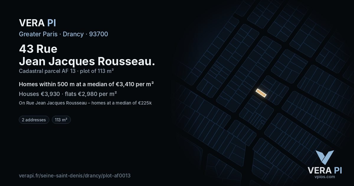 43 Rue Jean Jacques Rousseau, Drancy at night – the plot lit, the parcels around coloured by the prices near them