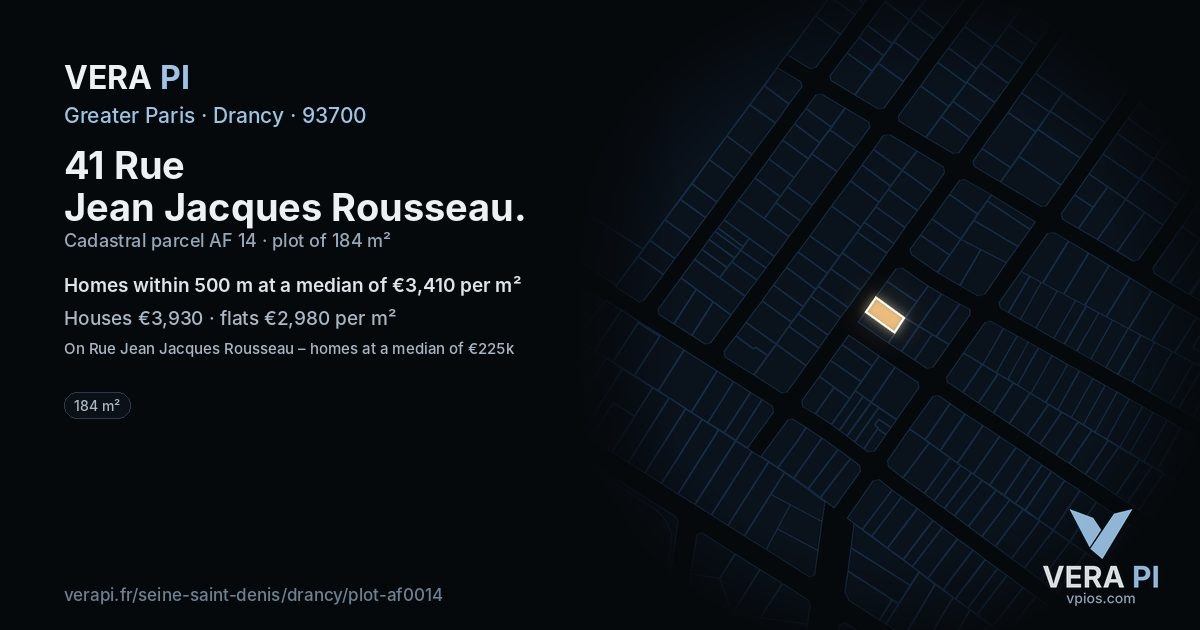 41 Rue Jean Jacques Rousseau, Drancy at night – the plot lit, the parcels around coloured by the prices near them