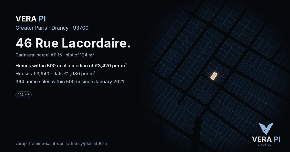 46 Rue Lacordaire, Drancy at night – the plot lit, the parcels around coloured by the prices near them