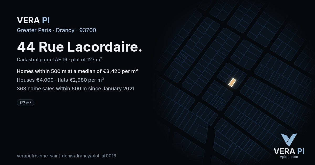 44 Rue Lacordaire, Drancy at night – the plot lit, the parcels around coloured by the prices near them