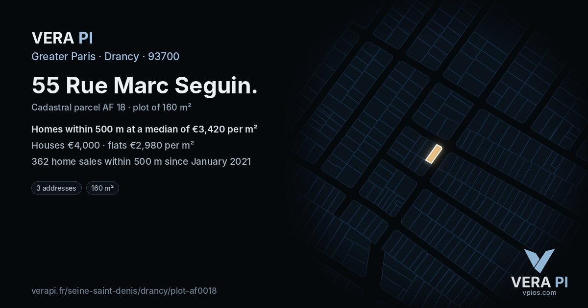 55 Rue Marc Seguin, Drancy at night – the plot lit, the parcels around coloured by the prices near them