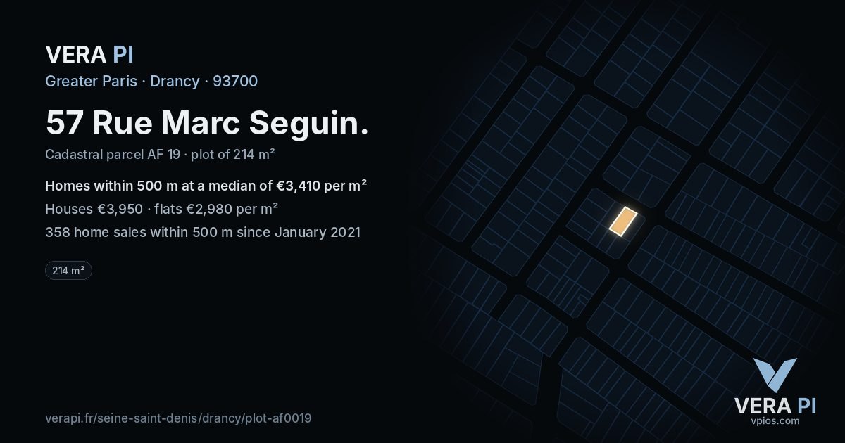 57 Rue Marc Seguin, Drancy at night – the plot lit, the parcels around coloured by the prices near them