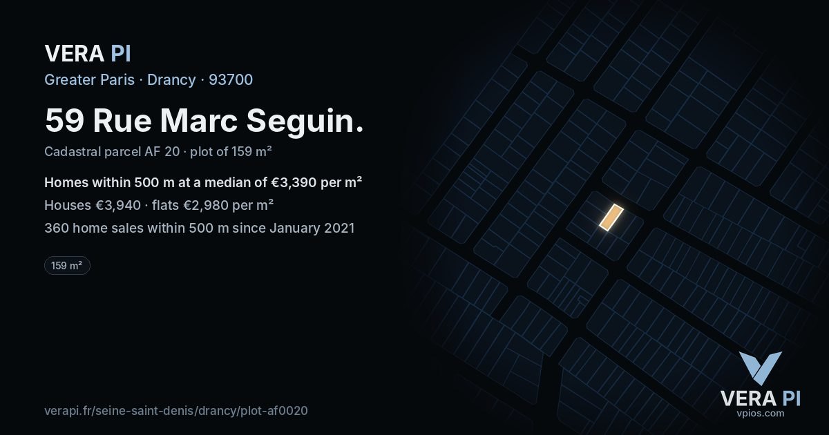 59 Rue Marc Seguin, Drancy at night – the plot lit, the parcels around coloured by the prices near them