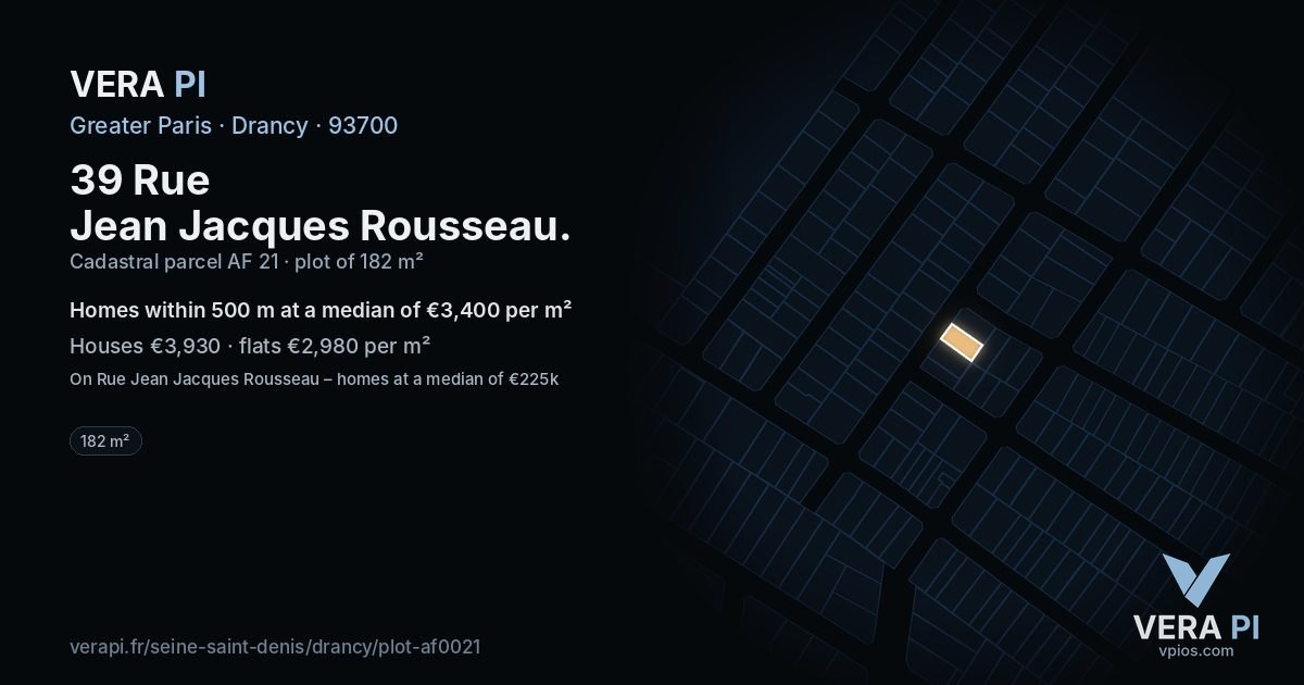 39 Rue Jean Jacques Rousseau, Drancy at night – the plot lit, the parcels around coloured by the prices near them
