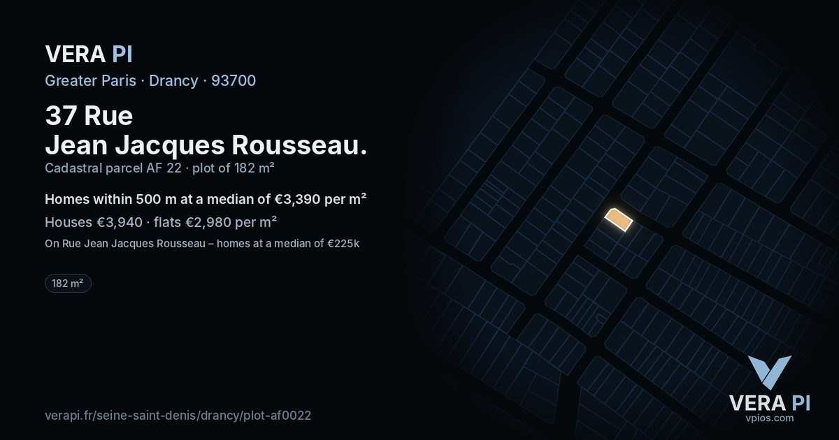 37 Rue Jean Jacques Rousseau, Drancy at night – the plot lit, the parcels around coloured by the prices near them