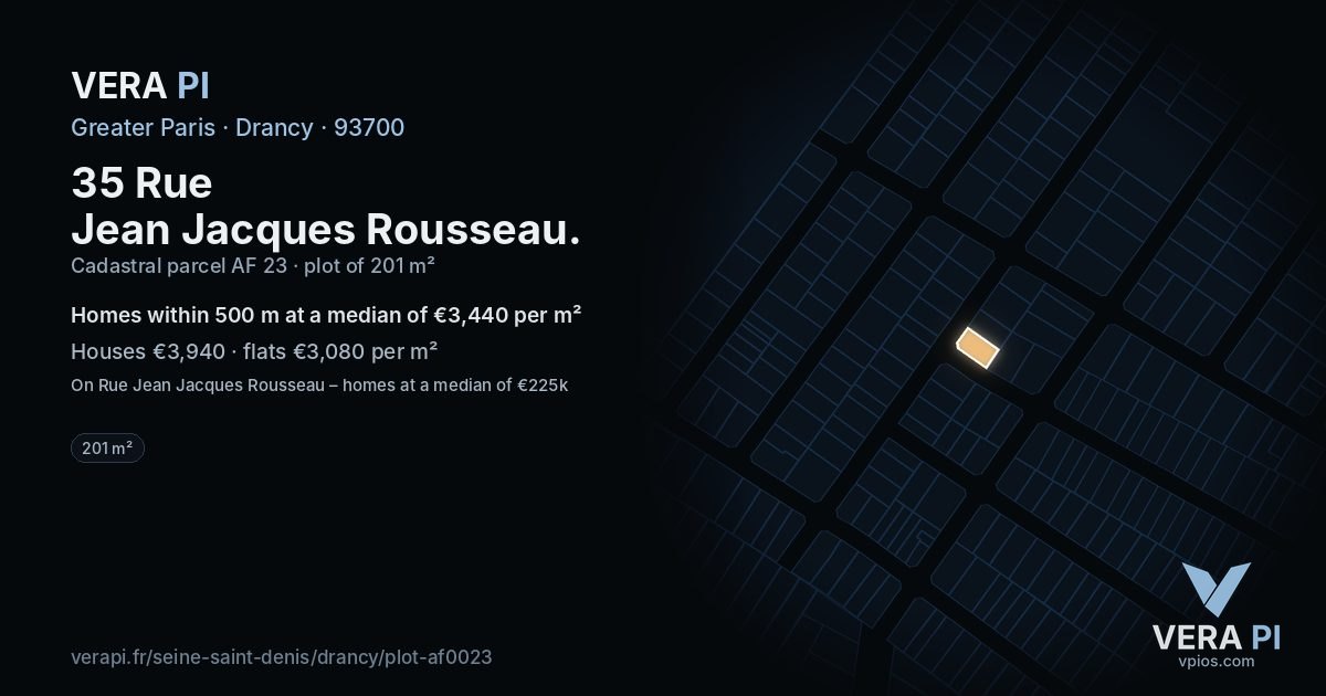 35 Rue Jean Jacques Rousseau, Drancy at night – the plot lit, the parcels around coloured by the prices near them