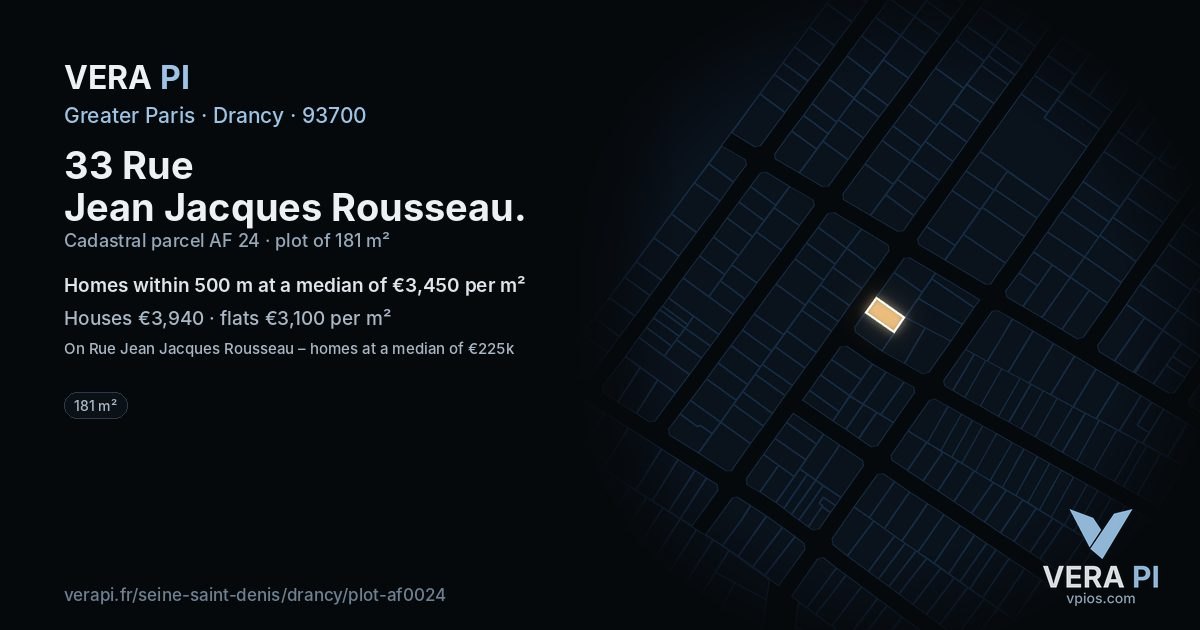 33 Rue Jean Jacques Rousseau, Drancy at night – the plot lit, the parcels around coloured by the prices near them