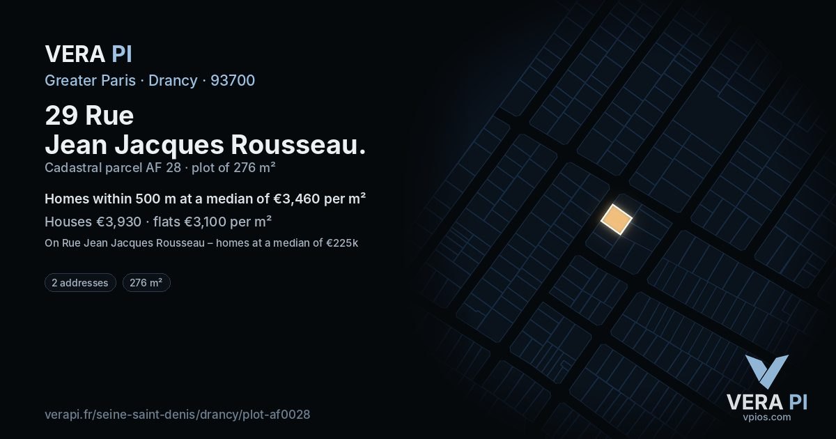 29 Rue Jean Jacques Rousseau, Drancy at night – the plot lit, the parcels around coloured by the prices near them