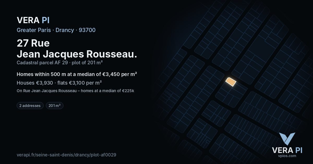 27 Rue Jean Jacques Rousseau, Drancy at night – the plot lit, the parcels around coloured by the prices near them