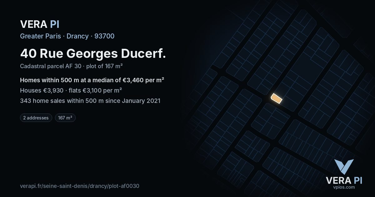 40 Rue Georges Ducerf, Drancy at night – the plot lit, the parcels around coloured by the prices near them