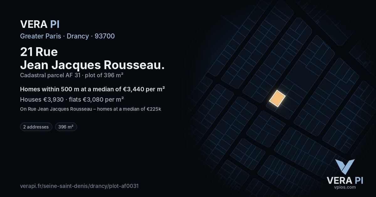 21 Rue Jean Jacques Rousseau, Drancy at night – the plot lit, the parcels around coloured by the prices near them
