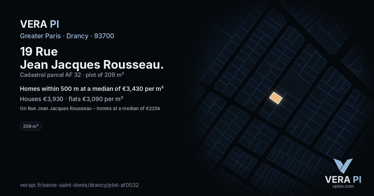 19 Rue Jean Jacques Rousseau, Drancy at night – the plot lit, the parcels around coloured by the prices near them