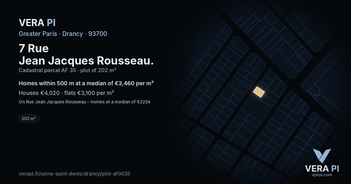 7 Rue Jean Jacques Rousseau, Drancy at night – the plot lit, the parcels around coloured by the prices near them