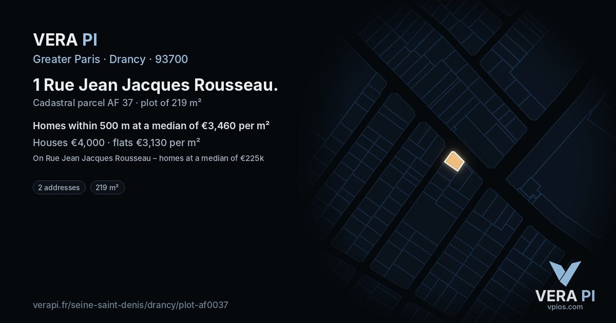 1 Rue Jean Jacques Rousseau, Drancy at night – the plot lit, the parcels around coloured by the prices near them