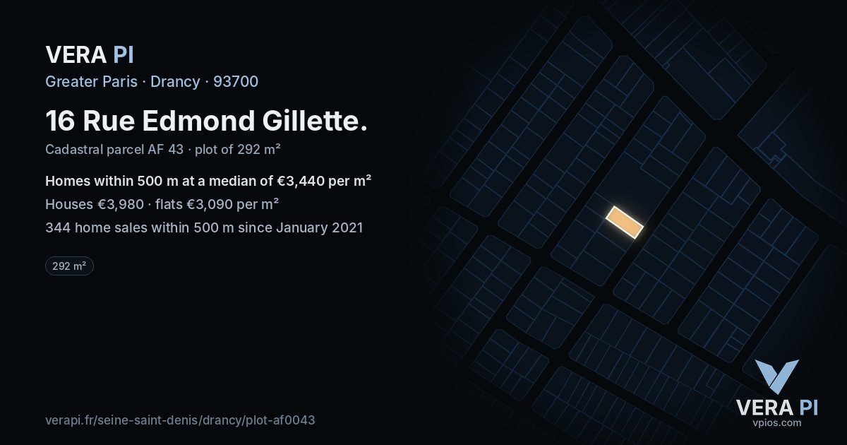 16 Rue Edmond Gillette, Drancy at night – the plot lit, the parcels around coloured by the prices near them