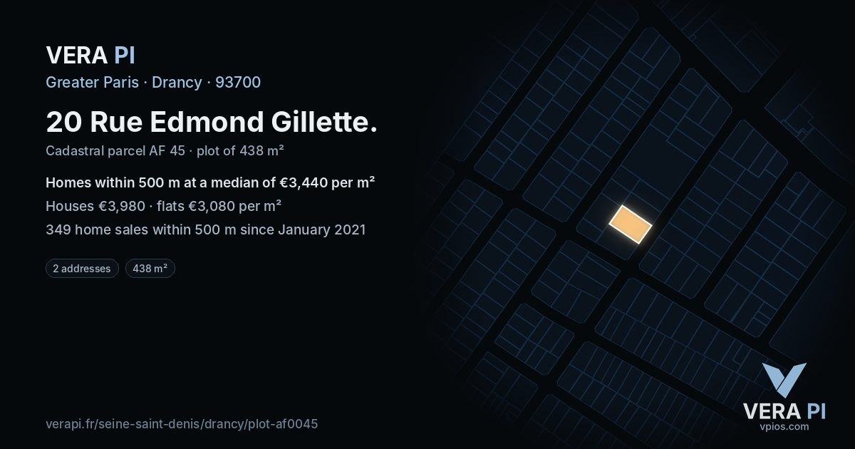 20 Rue Edmond Gillette, Drancy at night – the plot lit, the parcels around coloured by the prices near them