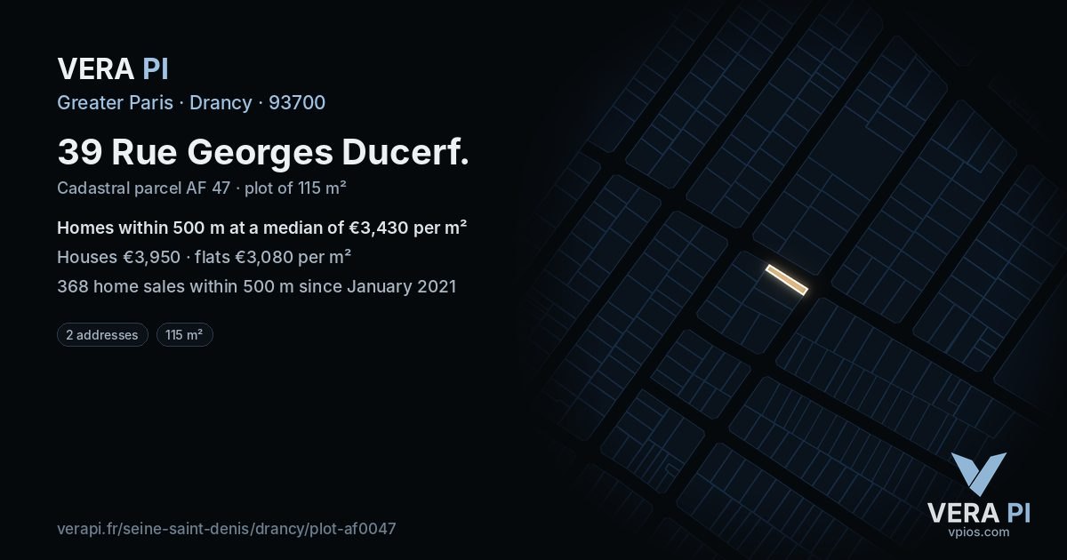 39 Rue Georges Ducerf, Drancy at night – the plot lit, the parcels around coloured by the prices near them
