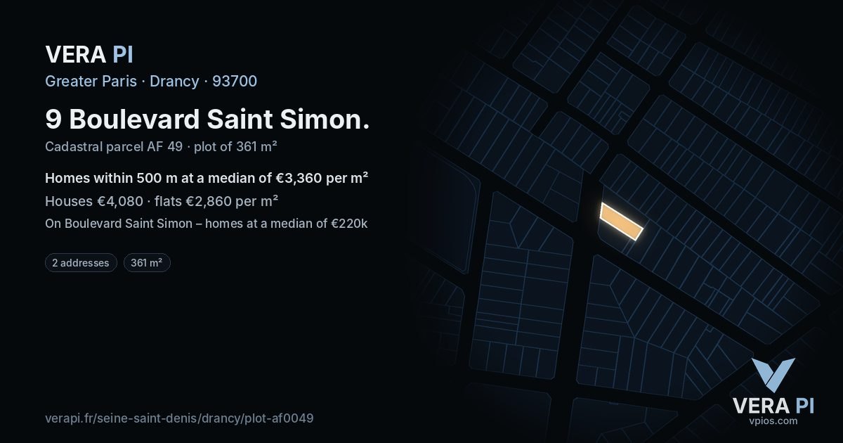 9 Boulevard Saint Simon, Drancy at night – the plot lit, the parcels around coloured by the prices near them