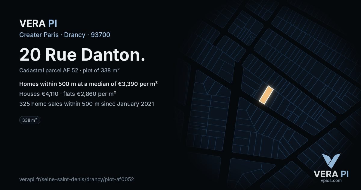 20 Rue Danton, Drancy at night – the plot lit, the parcels around coloured by the prices near them