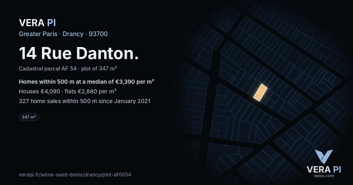 14 Rue Danton, Drancy at night – the plot lit, the parcels around coloured by the prices near them