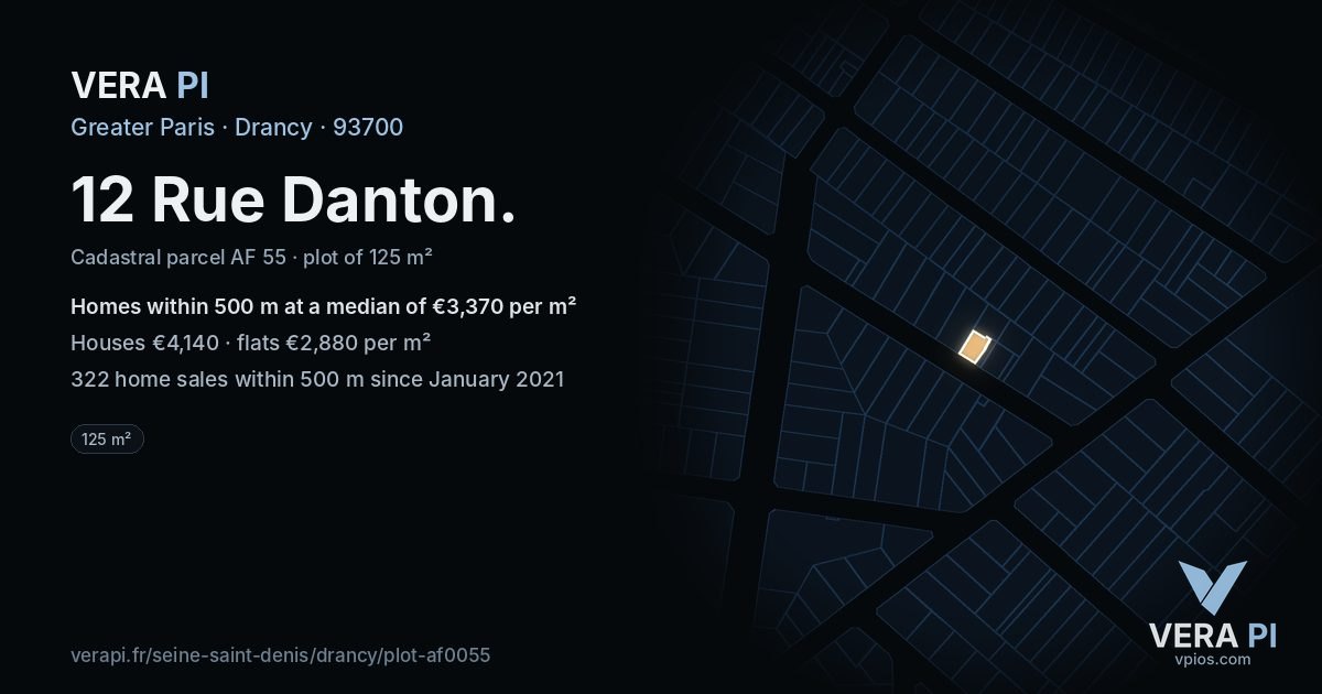 12 Rue Danton, Drancy at night – the plot lit, the parcels around coloured by the prices near them