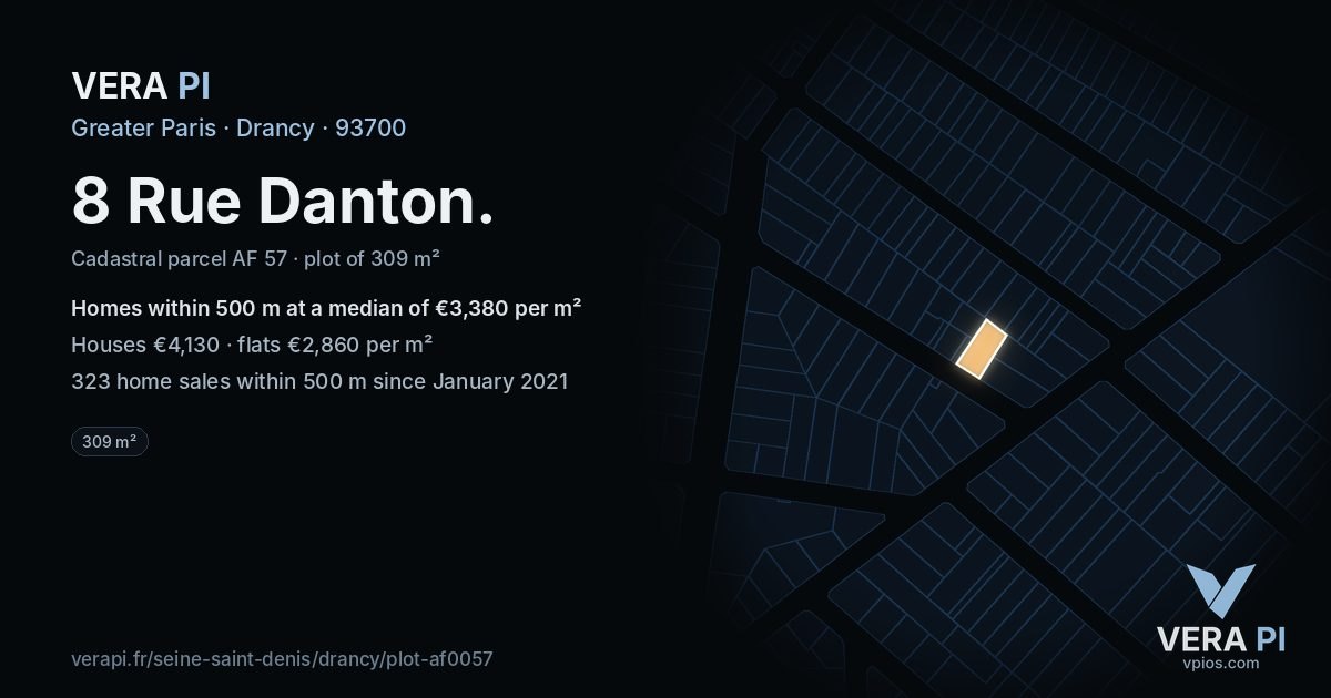 8 Rue Danton, Drancy at night – the plot lit, the parcels around coloured by the prices near them