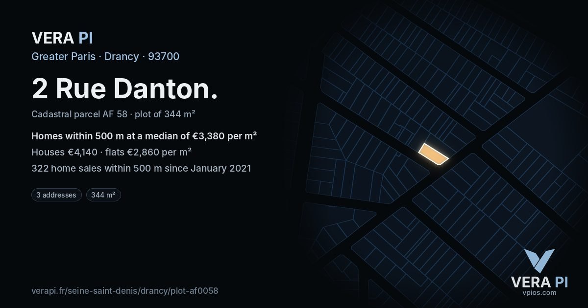 2 Rue Danton, Drancy at night – the plot lit, the parcels around coloured by the prices near them