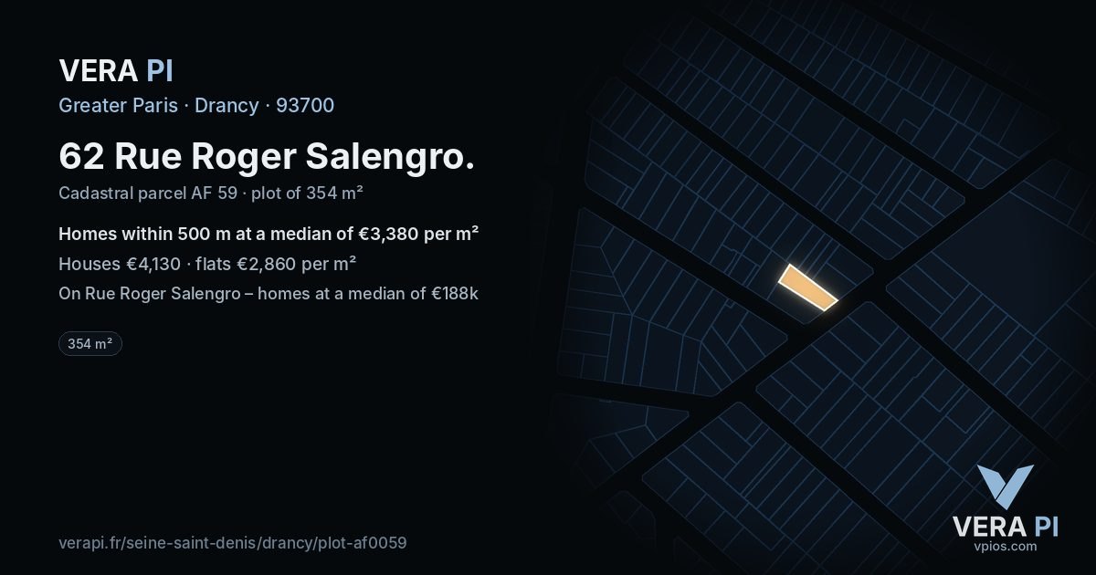 62 Rue Roger Salengro, Drancy at night – the plot lit, the parcels around coloured by the prices near them